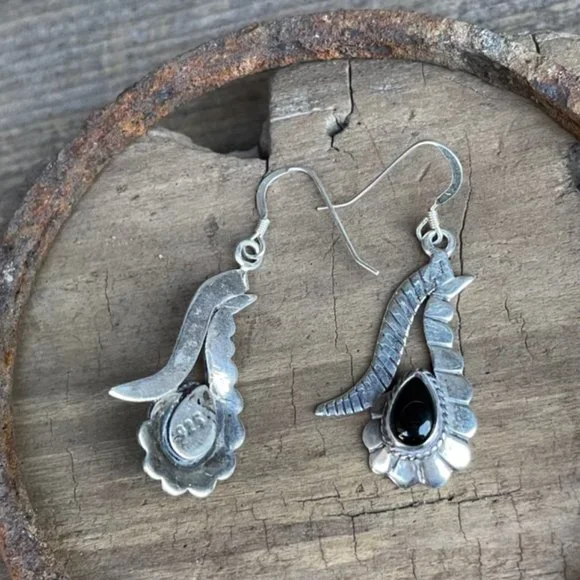 Vintage Old Pawn Native American Sterling Silver Onyx Dangle Drop Earrings - Picture 8 of 12